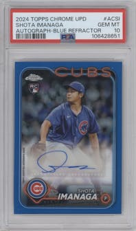 Shota Imanaga  from the 2024 Topps Chrome Update set featuring a Blue Refractor parallel graded by PSA and given an overall grade of 10.