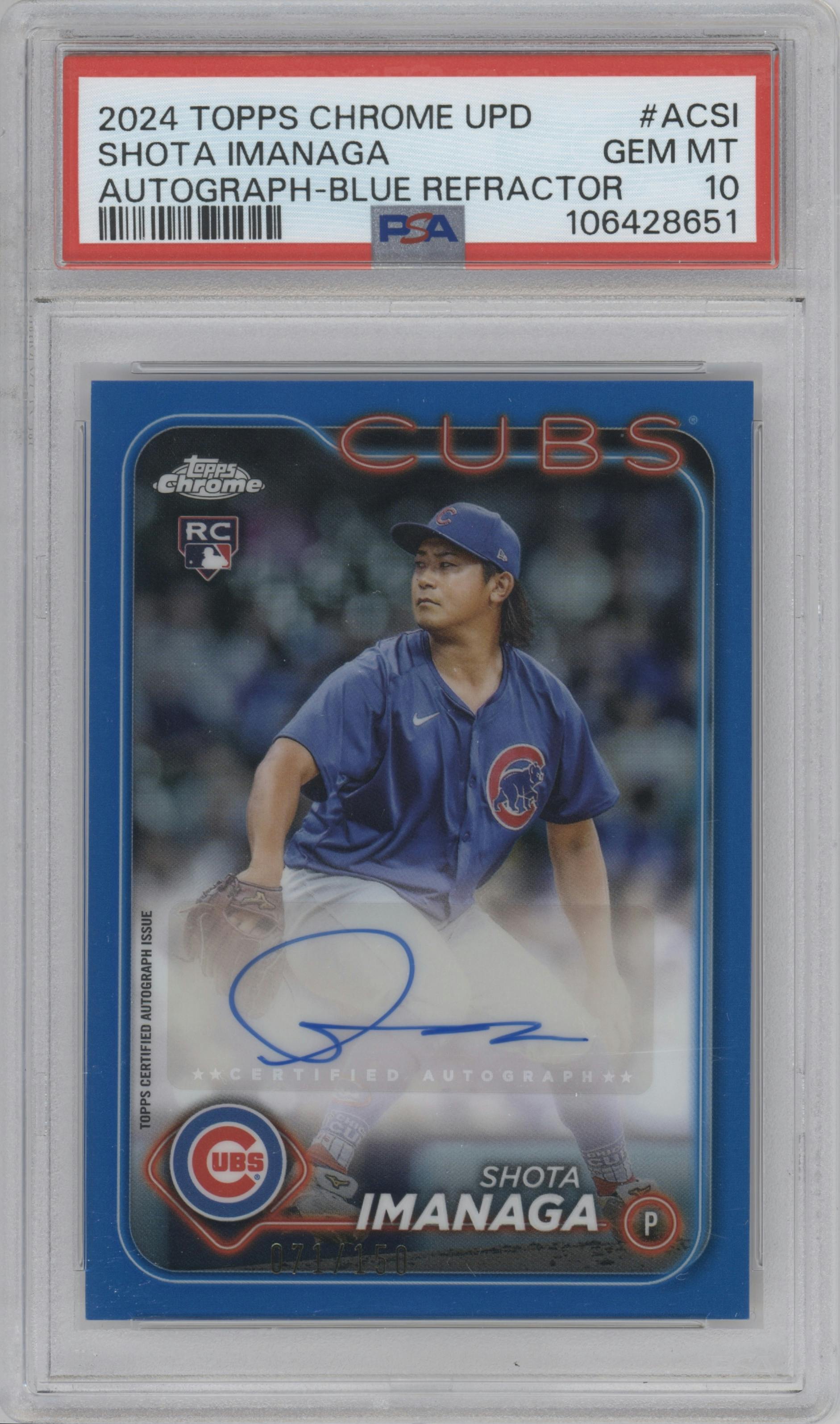 Shota Imanaga  from the 2024 Topps Chrome Update set featuring a Blue Refractor parallel graded by PSA and given an overall grade of 10.