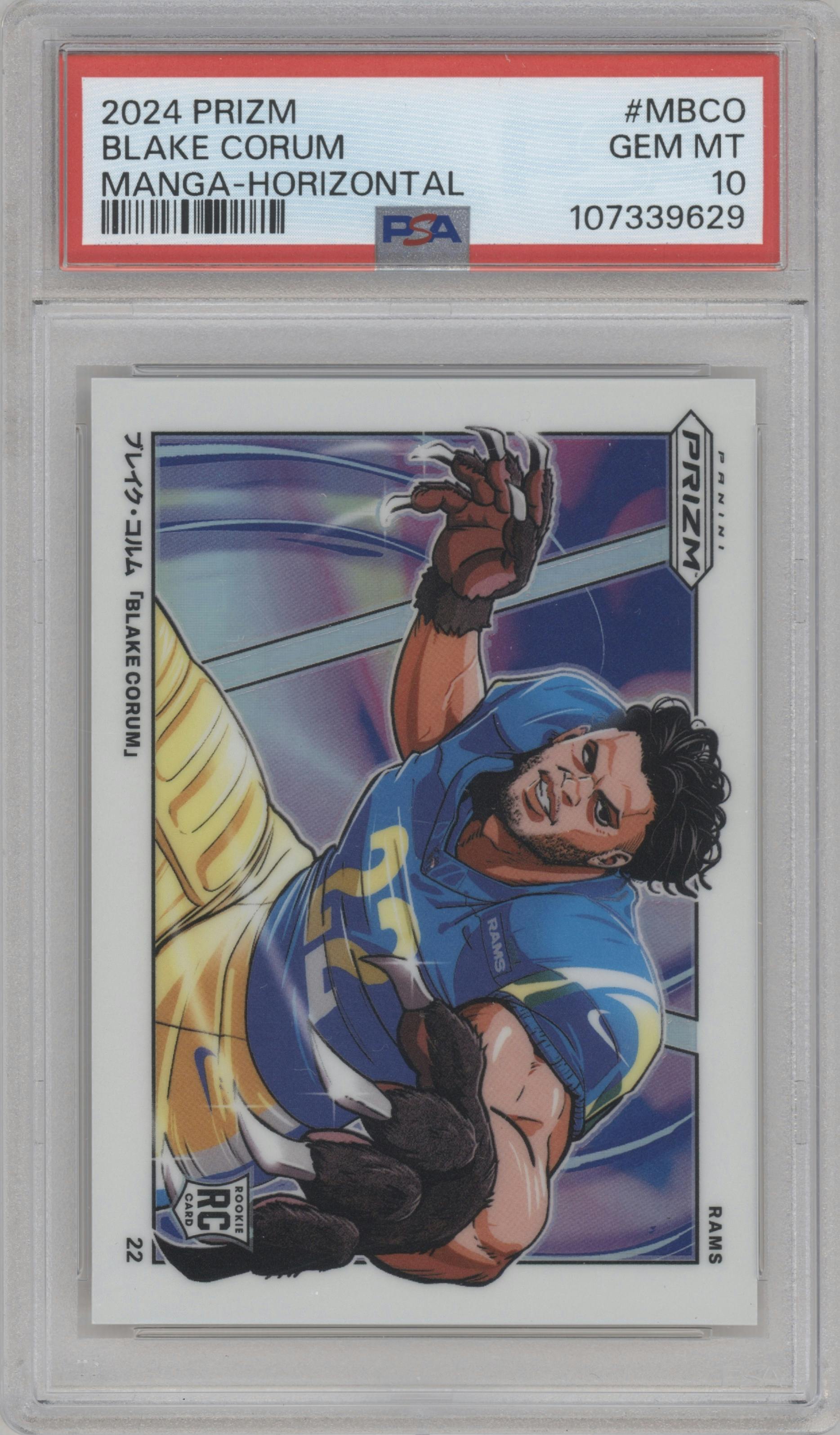 Blake Corum from the 2024 Panini Prizm set graded by PSA and given an overall grade of 10.