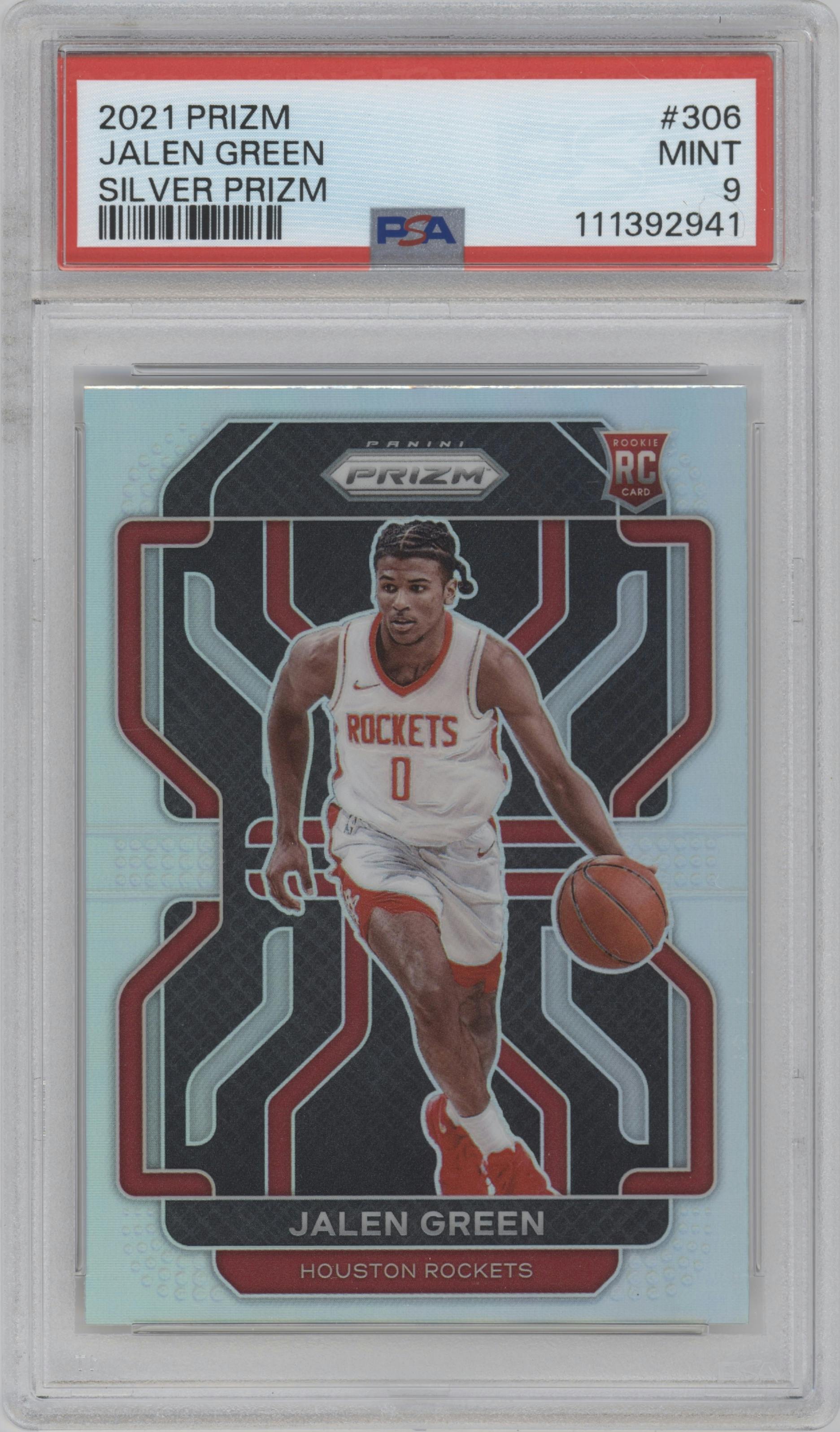 Jalen Green from the 2021-22 Panini Prizm  set featuring a Silver Prizm parallel graded by PSA and given an overall grade of 9.