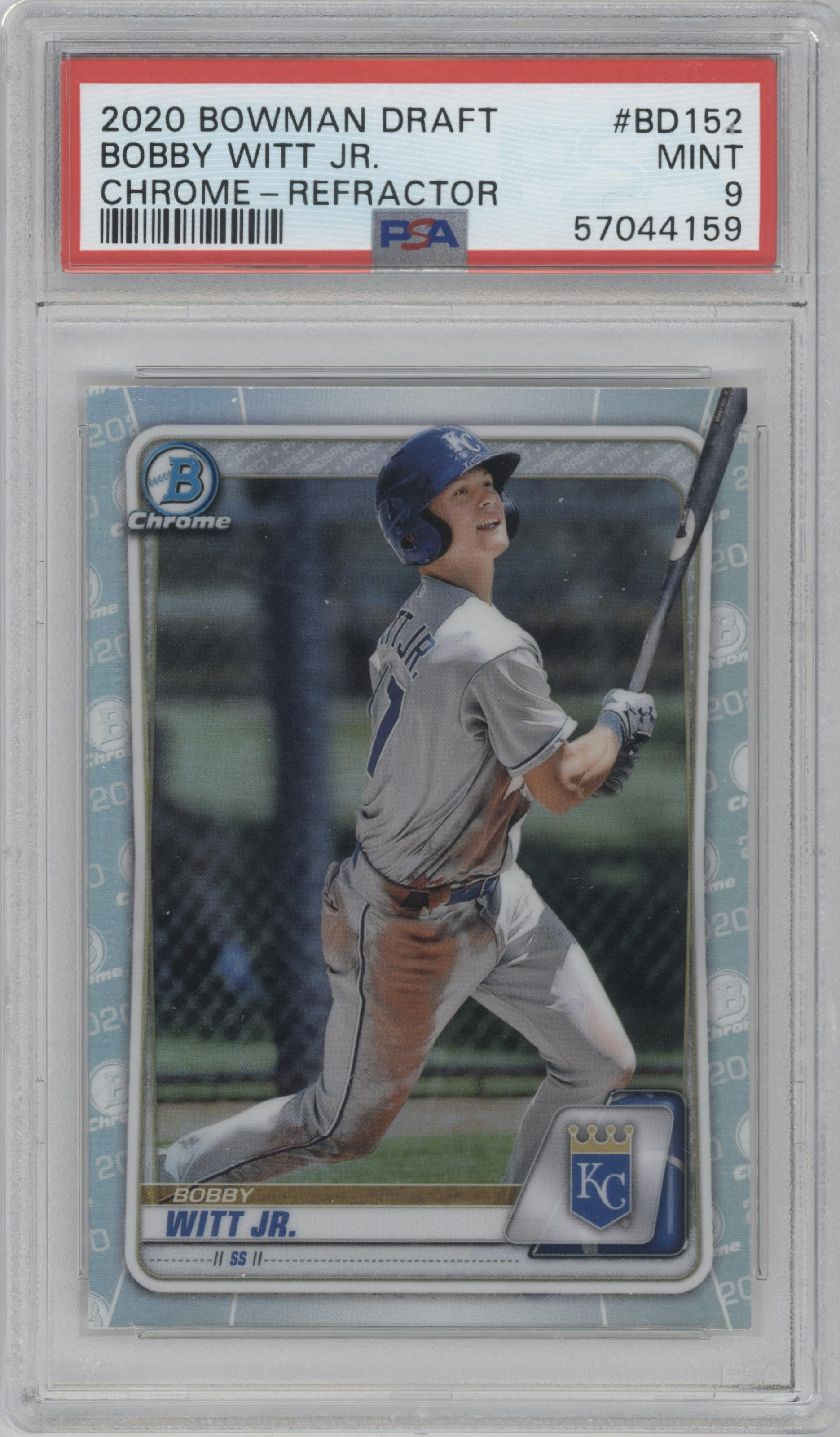 Bobby Witt Jr. from the 2020 Bowman Draft set featuring a Refractor parallel graded by PSA and given an overall grade of 9.