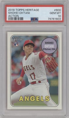 Shohei Ohtani from the 2018 Topps Heritage High Number set graded by PSA and given an overall grade of 10.