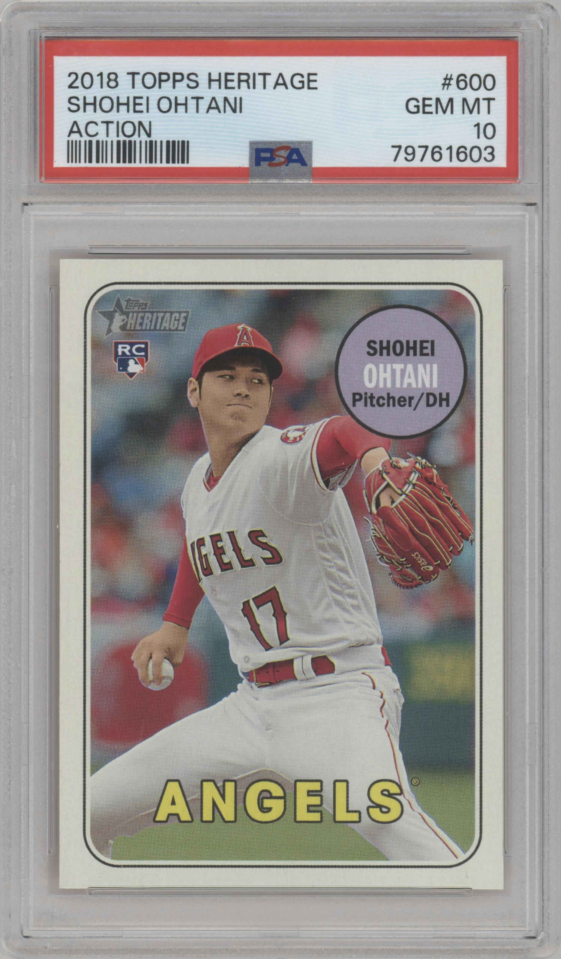 Shohei Ohtani from the 2018 Topps Heritage High Number set graded by PSA and given an overall grade of 10.