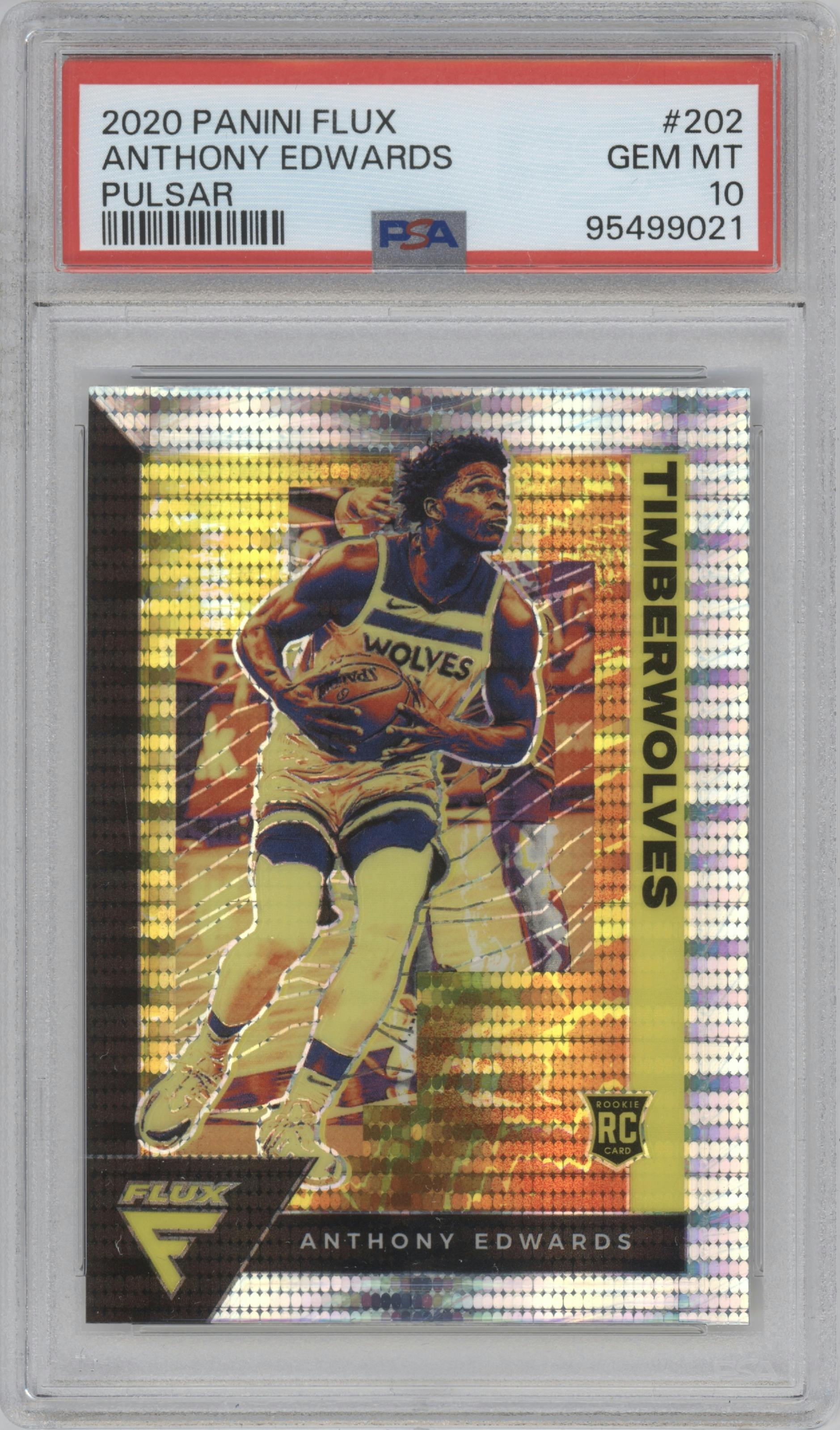 Anthony Edwards from the 2020-21 Panini Flux set featuring a Pulsar parallel graded by PSA and given an overall grade of 10.