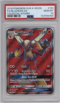 Blaziken GX from the 2018 Pokemon S&M  set graded by PSA and given an overall grade of 10.