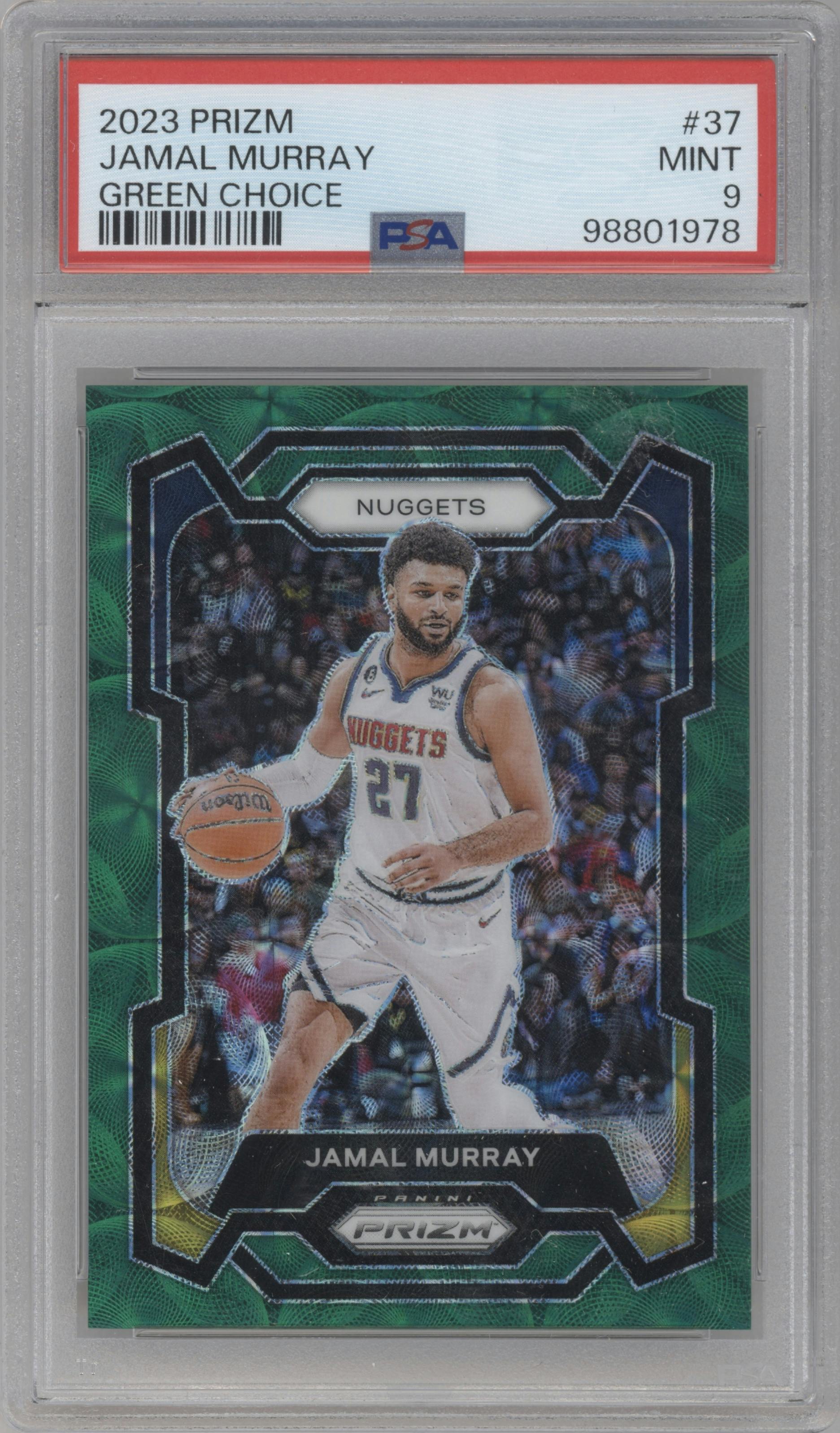 Jamal Murray from the 2023-24 Panini Prizm set featuring a Choice Green parallel graded by PSA and given an overall grade of 9.
