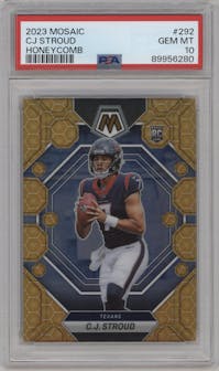 C.J. Stroud from the 2023 Panini Mosaic set featuring a Honeycomb parallel graded by PSA and given an overall grade of 10.