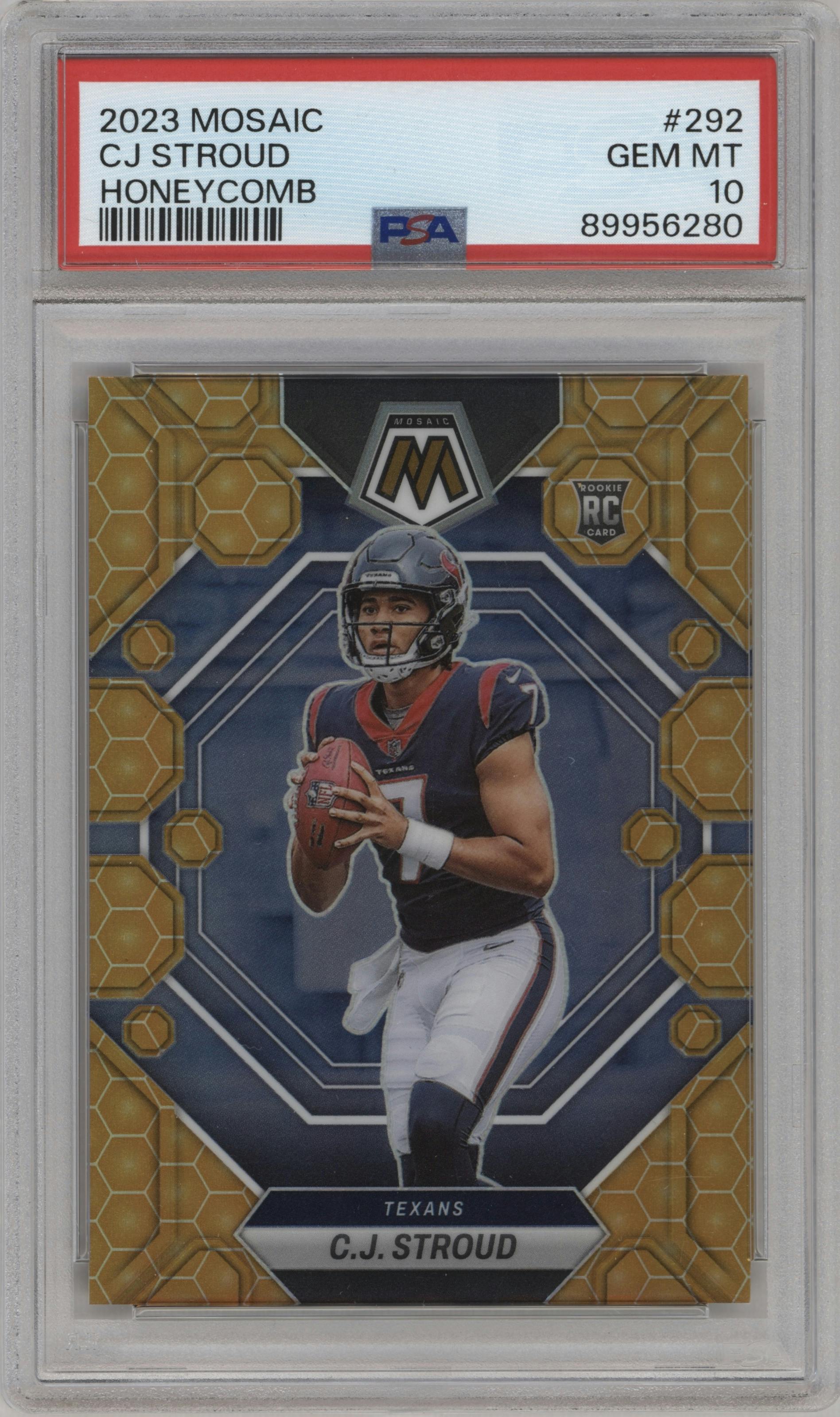 C.J. Stroud from the 2023 Panini Mosaic set featuring a Honeycomb parallel graded by PSA and given an overall grade of 10.