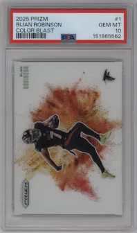 Bijan Robinson from the 2025 Panini Prizm set graded by PSA and given an overall grade of 10.