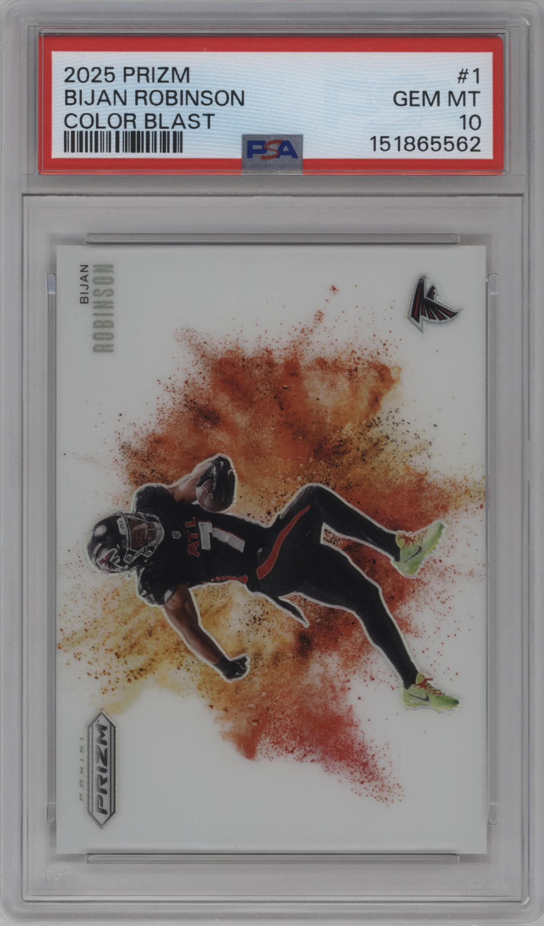 Bijan Robinson from the 2025 Panini Prizm set graded by PSA and given an overall grade of 10.