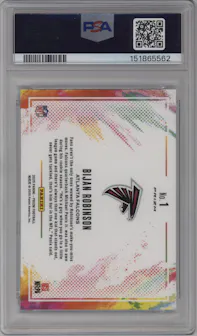 Bijan Robinson from the 2025 Panini Prizm set graded by PSA and given an overall grade of 10.