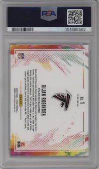 Bijan Robinson from the 2025 Panini Prizm set graded by PSA and given an overall grade of 10.