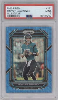 Trevor Lawrence  from the 2022 Panini Prizm set featuring a Blue Wave parallel graded by PSA and given an overall grade of 9.