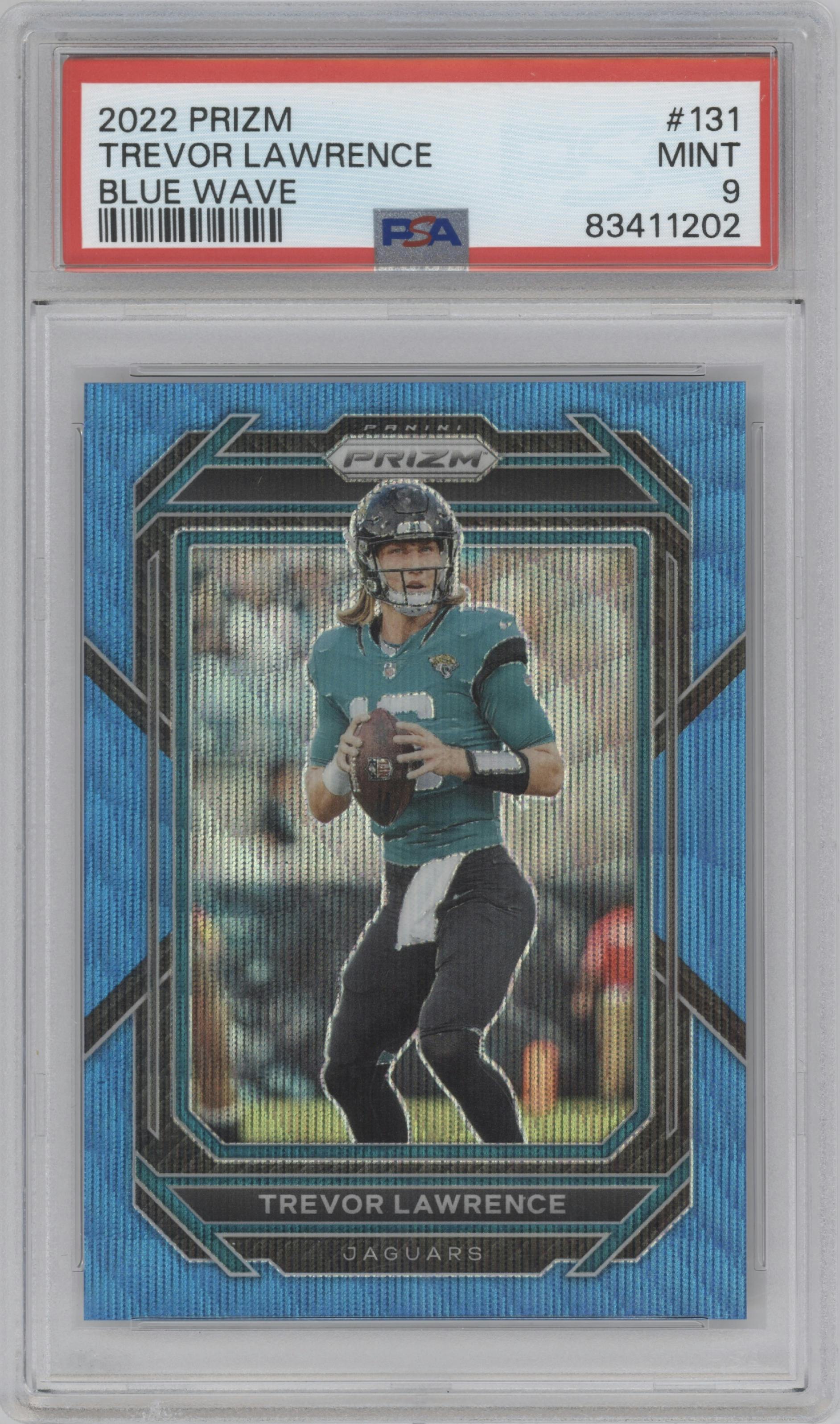 Trevor Lawrence  from the 2022 Panini Prizm set featuring a Blue Wave parallel graded by PSA and given an overall grade of 9.