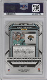 Trevor Lawrence  from the 2022 Panini Prizm set featuring a Blue Wave parallel graded by PSA and given an overall grade of 9.