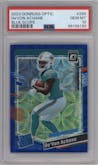 De'Von Achane from the 2023 Donruss Optic set featuring a Blue Scope parallel graded by PSA and given an overall grade of 10.