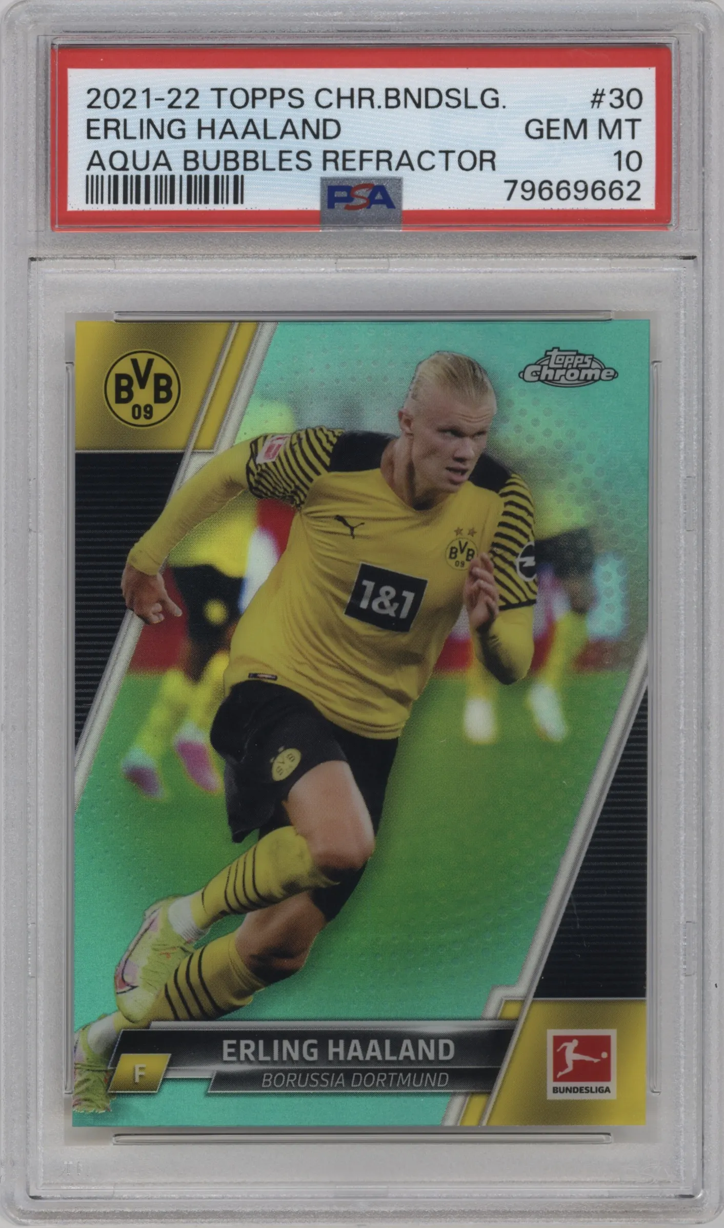 2021 Topps Chrome Bundesliga Erling Haaland Aqua Bubble Refractor #30 PSA 10