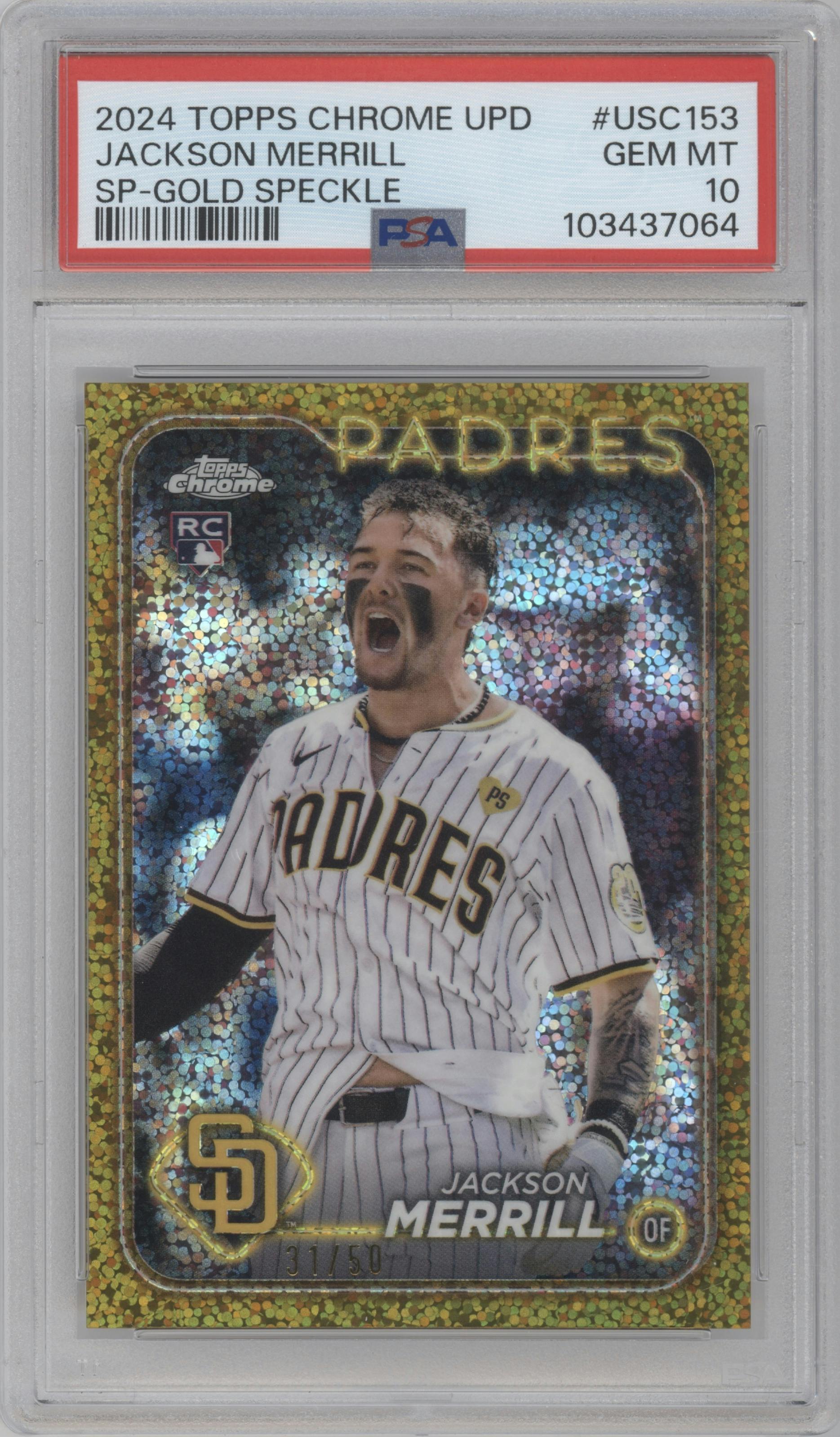 Jackson Merrill from the 2024 Topps Chrome Update set featuring a Gold Speckle Refractor parallel graded by PSA and given an overall grade of 10.