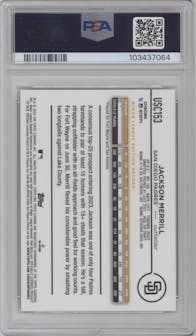 Jackson Merrill from the 2024 Topps Chrome Update set featuring a Gold Speckle Refractor parallel graded by PSA and given an overall grade of 10.
