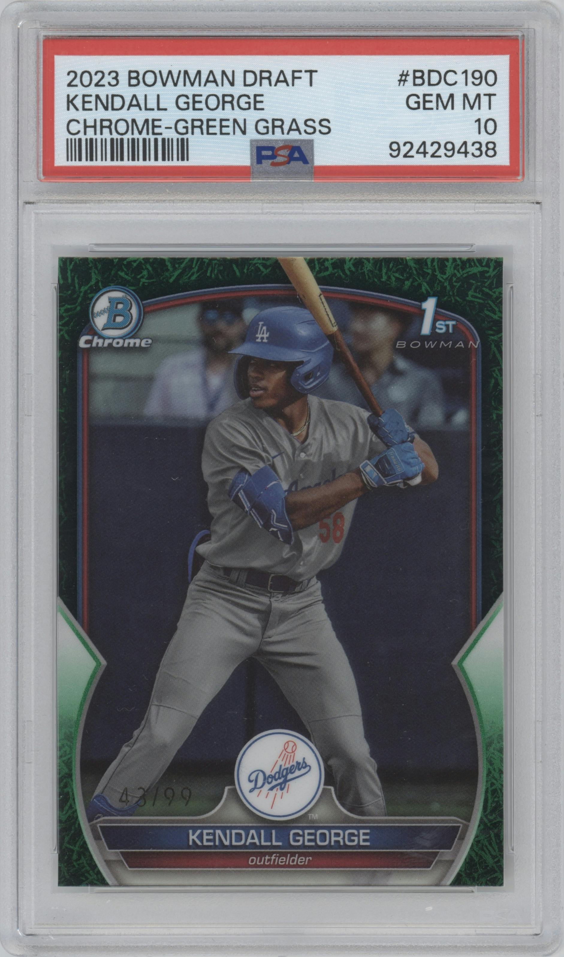 Kendall George from the 2023 Bowman Draft set featuring a Green Grass Refractor parallel graded by PSA and given an overall grade of 10.