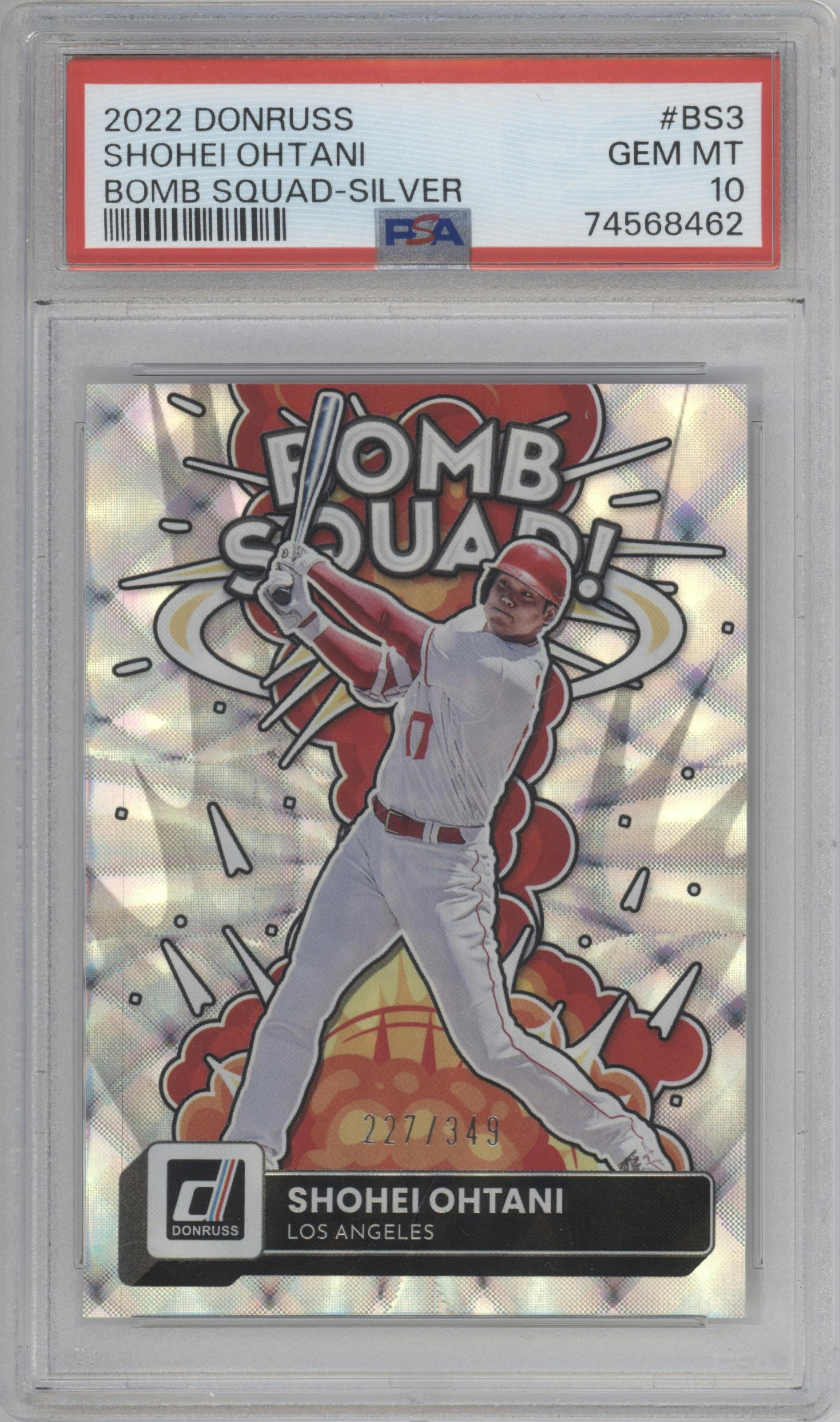 Shohei Ohtani from the 2022 Panini Donruss set featuring a Silver parallel graded by PSA and given an overall grade of 10.