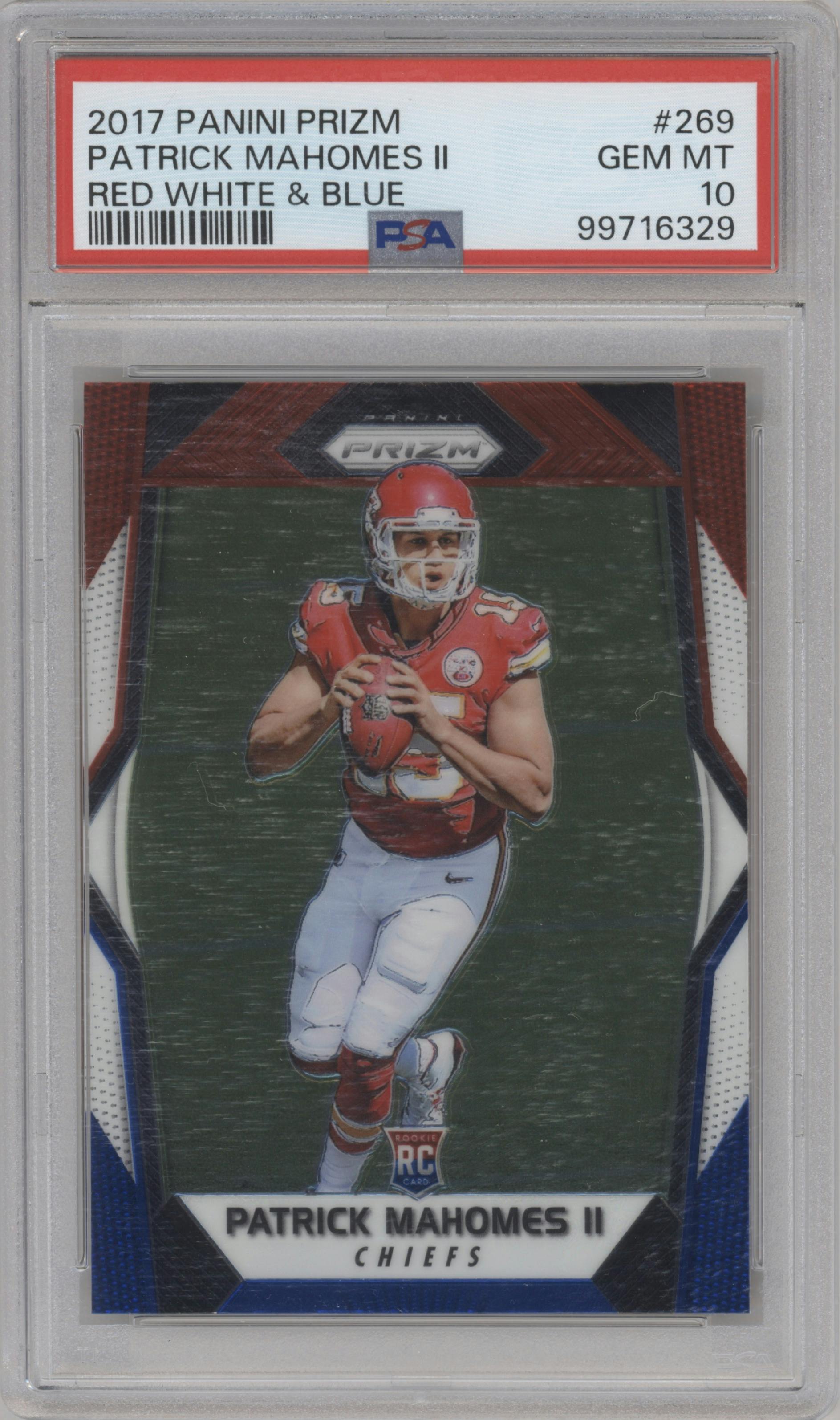 Patrick Mahomes II from the 2017 Panini Prizm set featuring a Red/White/Blue Prizm parallel graded by PSA and given an overall grade of 10.