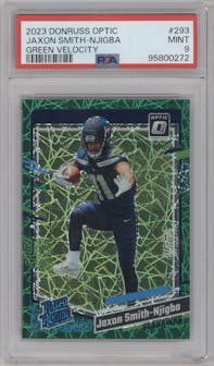 Jaxon Smith-Njigba from the 2023 Donruss Optic set featuring a Green Velocity parallel graded by PSA and given an overall grade of 9.