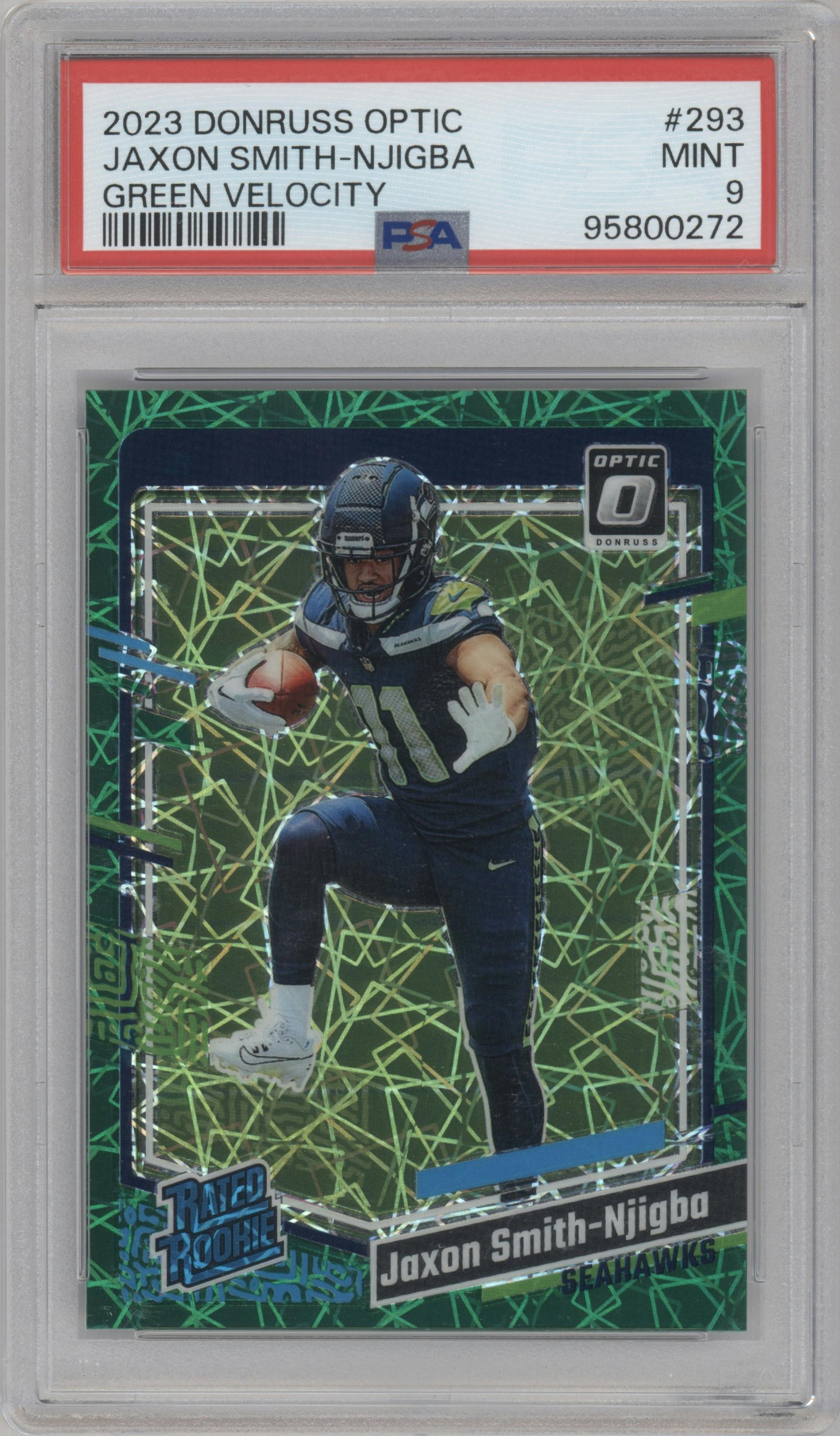 Jaxon Smith-Njigba from the 2023 Donruss Optic set featuring a Green Velocity parallel graded by PSA and given an overall grade of 9.