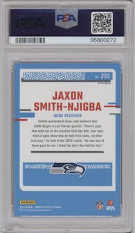 Jaxon Smith-Njigba from the 2023 Donruss Optic set featuring a Green Velocity parallel graded by PSA and given an overall grade of 9.