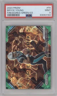 Bryce Young from the 2023 Panini Prizm set featuring a Green Ice parallel graded by PSA and given an overall grade of 9.