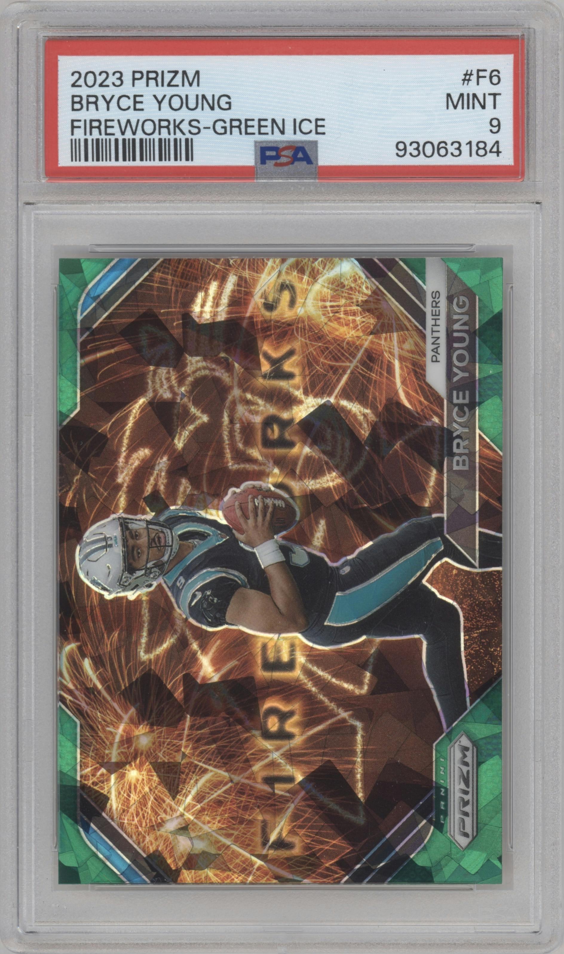 Bryce Young from the 2023 Panini Prizm set featuring a Green Ice parallel graded by PSA and given an overall grade of 9.