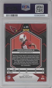 Marvin Harrison Jr. from the 2024 Panini Mosaic set featuring a Choice Peacock parallel graded by PSA and given an overall grade of 9.
