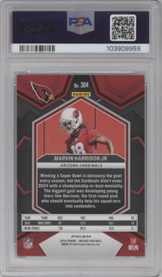 Marvin Harrison Jr. from the 2024 Panini Mosaic set featuring a Choice Peacock parallel graded by PSA and given an overall grade of 9.