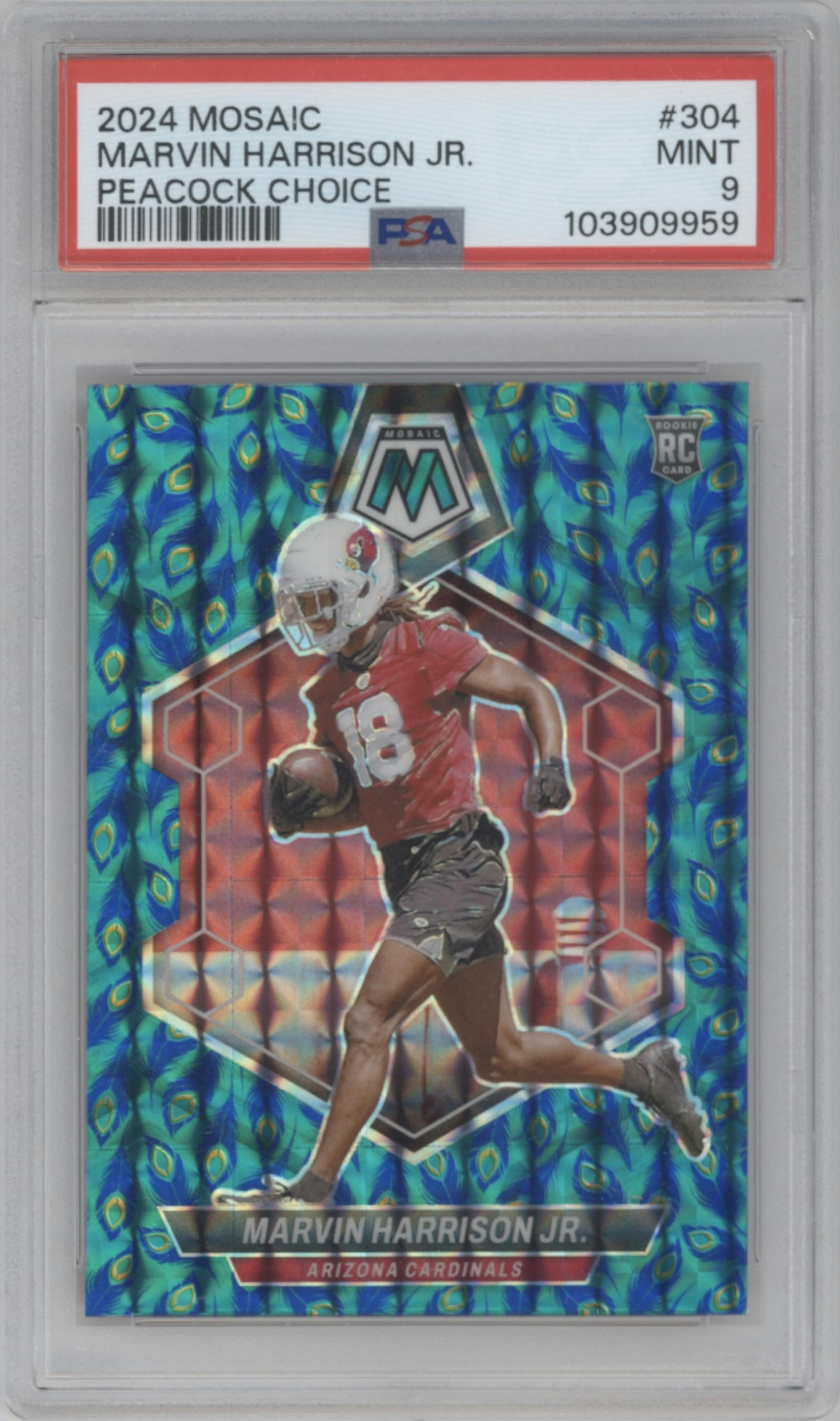 Marvin Harrison Jr. from the 2024 Panini Mosaic set featuring a Choice Peacock parallel graded by PSA and given an overall grade of 9.