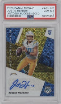 Justin Herbert from the 2020 Panini Mosaic set featuring a Gold parallel graded by PSA and given an overall grade of 10.