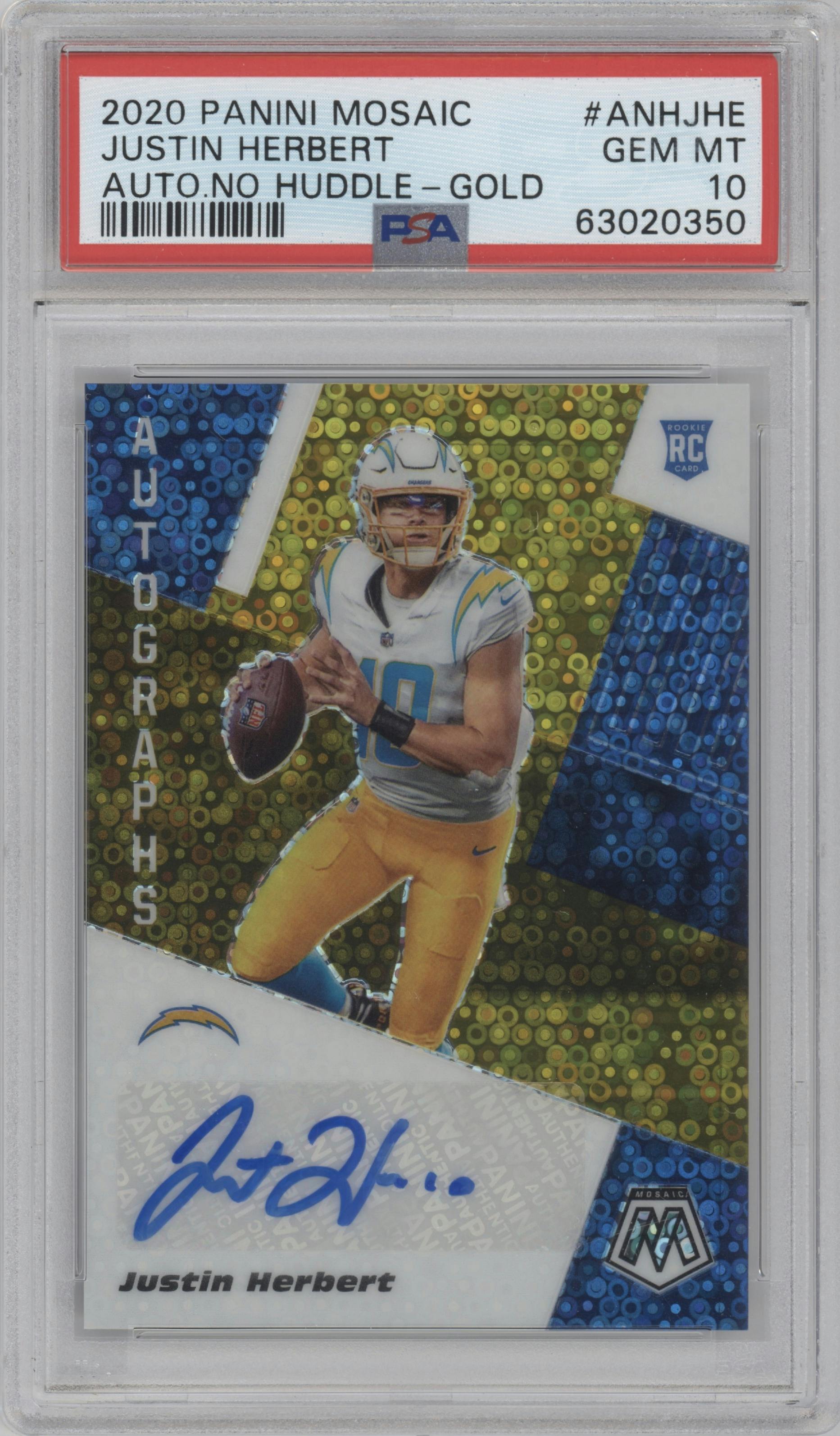 Justin Herbert from the 2020 Panini Mosaic set featuring a Gold parallel graded by PSA and given an overall grade of 10.