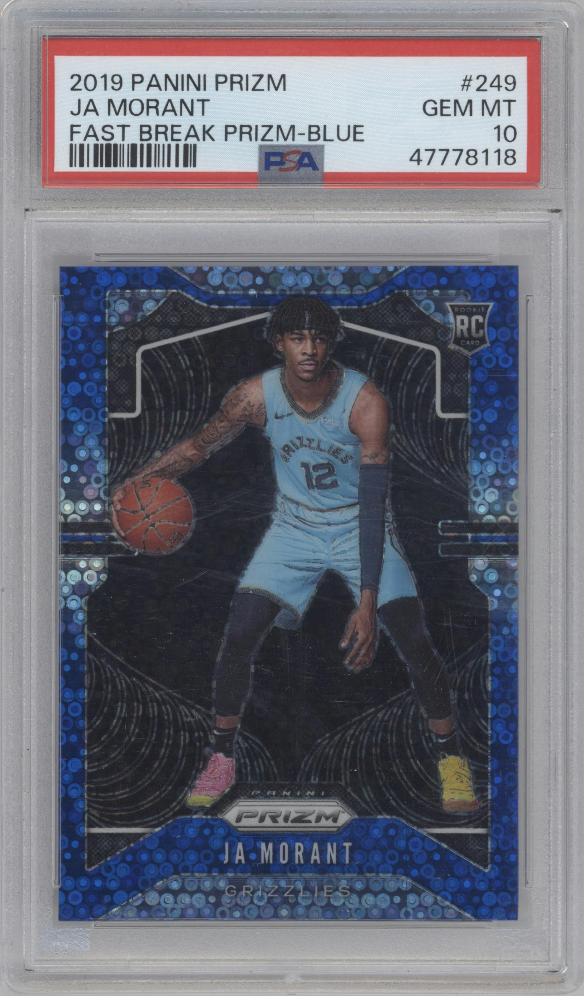 Ja Morant from the 2019-20 Panini Prizm set featuring a Fast Break Blue parallel graded by PSA and given an overall grade of 10.
