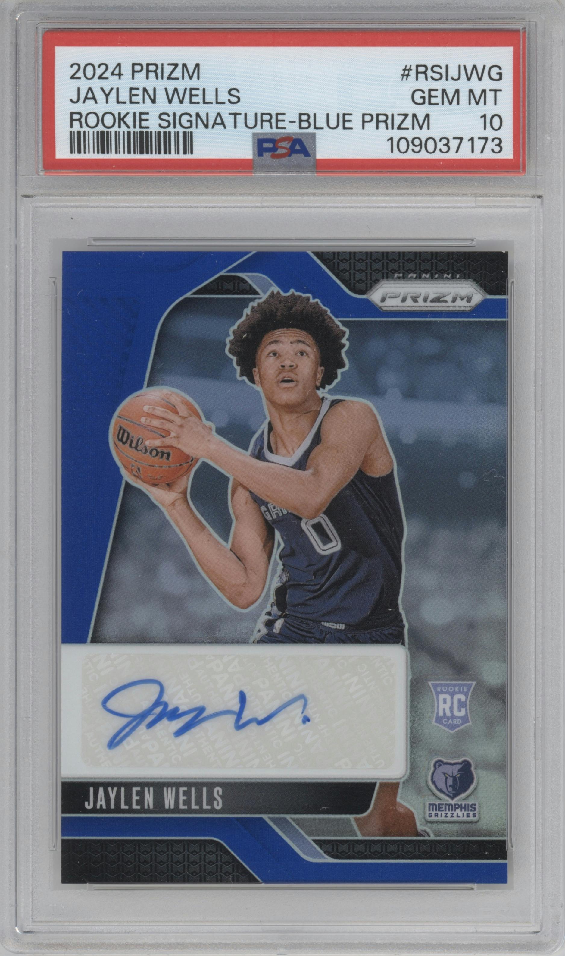 Jaylen Wells from the 2024-25 Panini Prizm set featuring a Blue Prizm parallel graded by PSA and given an overall grade of 10.