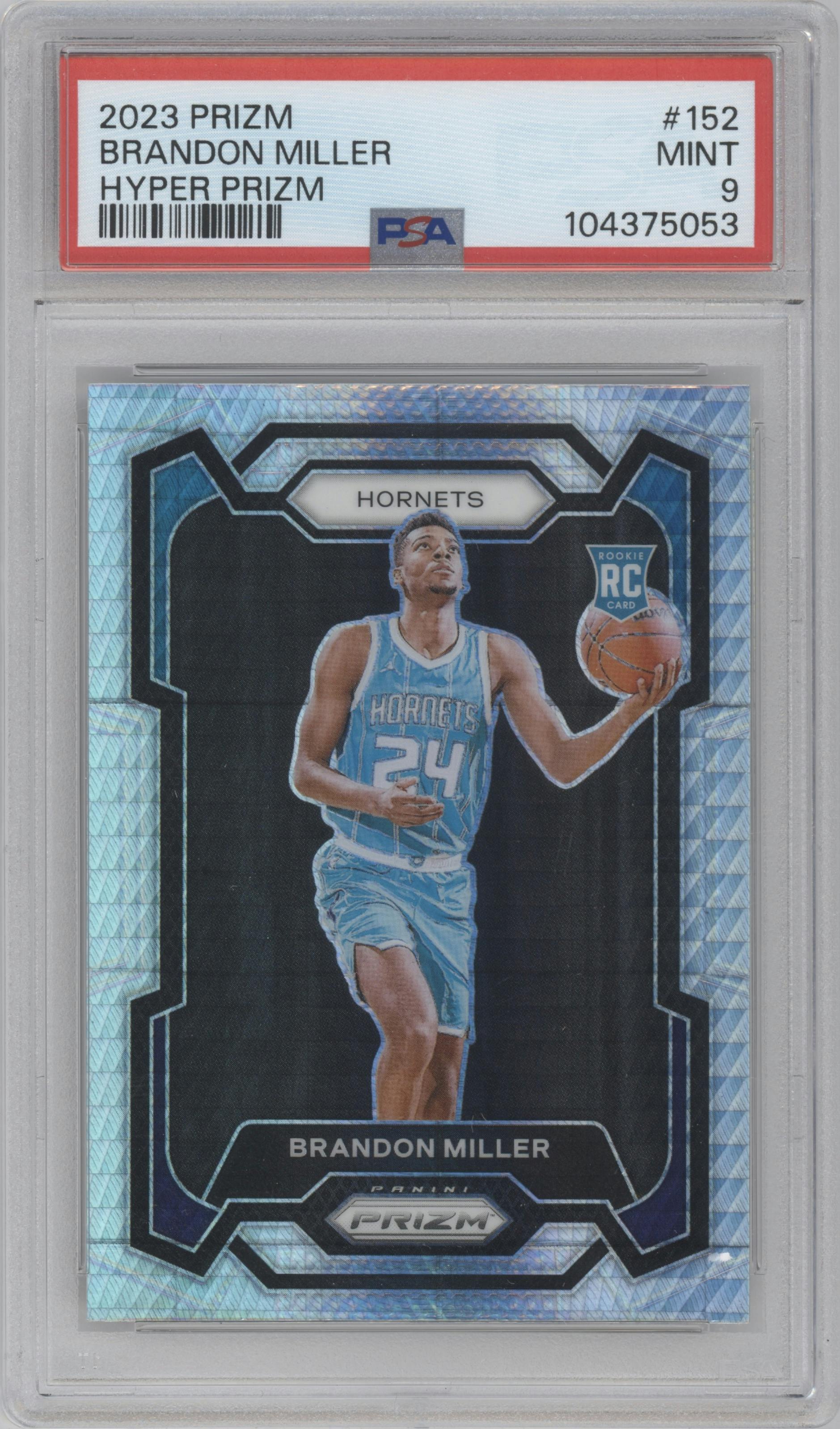 Brandon Miller from the 2023-24 Panini Prizm set featuring a Hyper Prizm parallel graded by PSA and given an overall grade of 9.