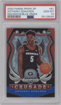 Anthony Edwards from the 2020-21 Panini Prizm Draft Picks set featuring a Red/White/Blue Prizm parallel graded by PSA and given an overall grade of 10.