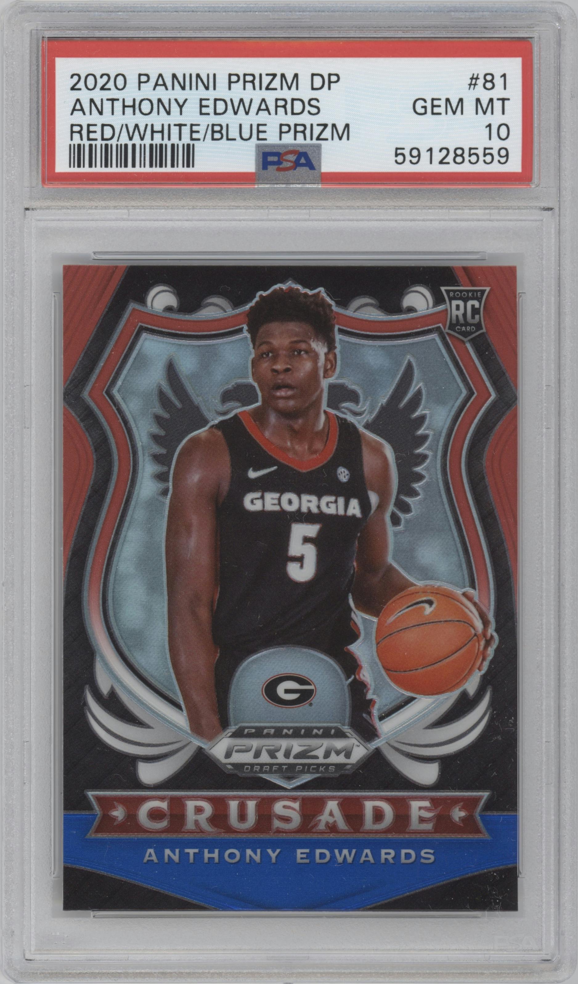 Anthony Edwards from the 2020-21 Panini Prizm Draft Picks set featuring a Red/White/Blue Prizm parallel graded by PSA and given an overall grade of 10.