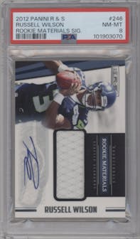 Russell Wilson from the 2012 Panini Rookies & Stars set graded by PSA and given an overall grade of 8.