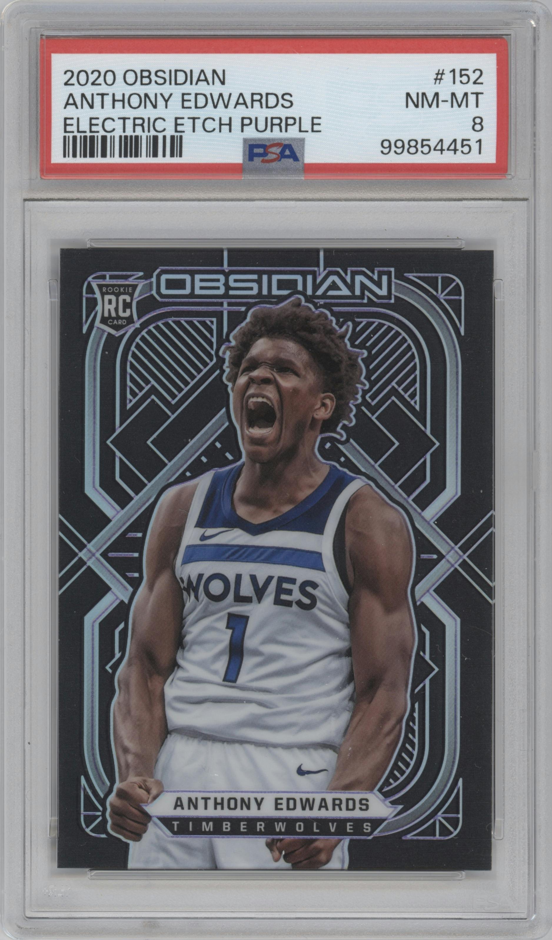 Anthony Edwards from the 2020-21 Panini Obsidian set featuring a Electric Etch Purple parallel graded by PSA and given an overall grade of 8.