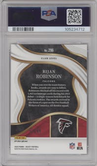 Bijan Robinson from the 2023 Panini Select set featuring a Disco Red Prizm parallel graded by PSA and given an overall grade of 9.