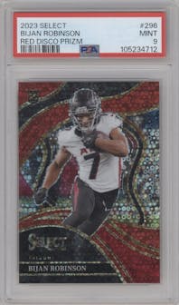Bijan Robinson from the 2023 Panini Select set featuring a Disco Red Prizm parallel graded by PSA and given an overall grade of 9.