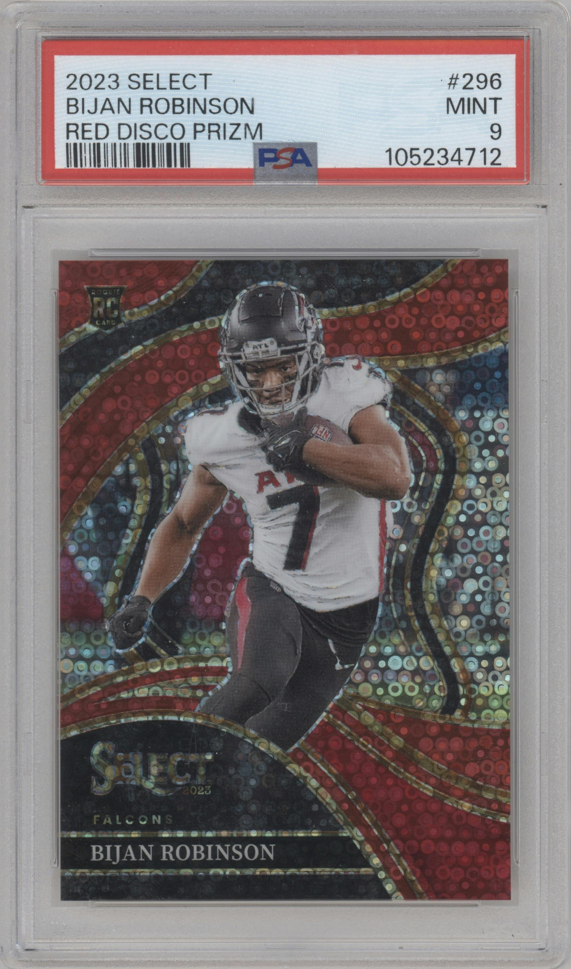 Bijan Robinson from the 2023 Panini Select set featuring a Disco Red Prizm parallel graded by PSA and given an overall grade of 9.