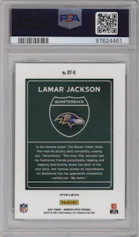 Lamar Jackson from the 2021 Panini Donruss Optic set graded by PSA and given an overall grade of 10.