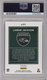 Lamar Jackson from the 2021 Panini Donruss Optic set graded by PSA and given an overall grade of 10.