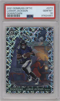 Lamar Jackson from the 2021 Panini Donruss Optic set graded by PSA and given an overall grade of 10.