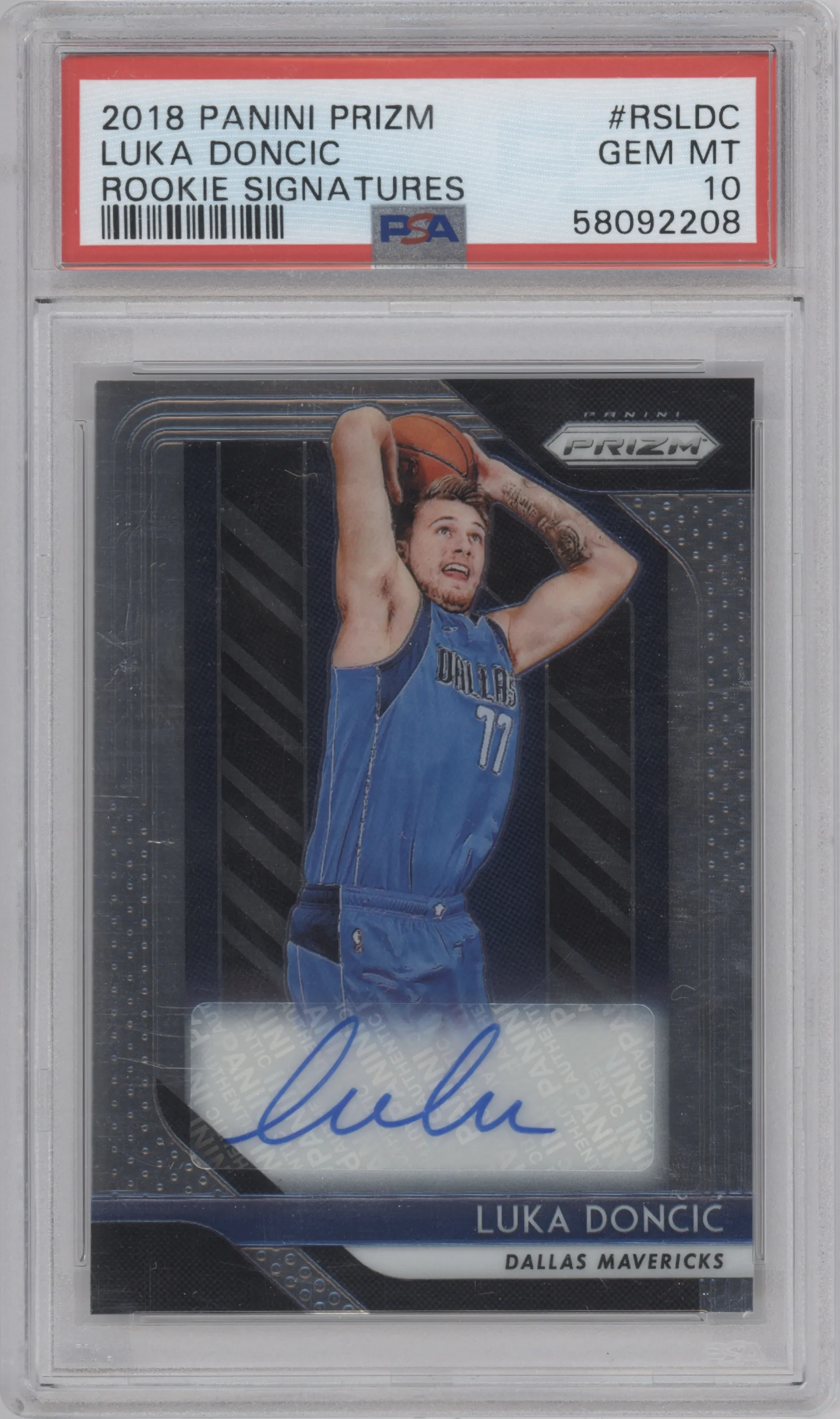 Luka Doncic from the 2018-19 Panini Prizm set graded by PSA and given an overall grade of 10.